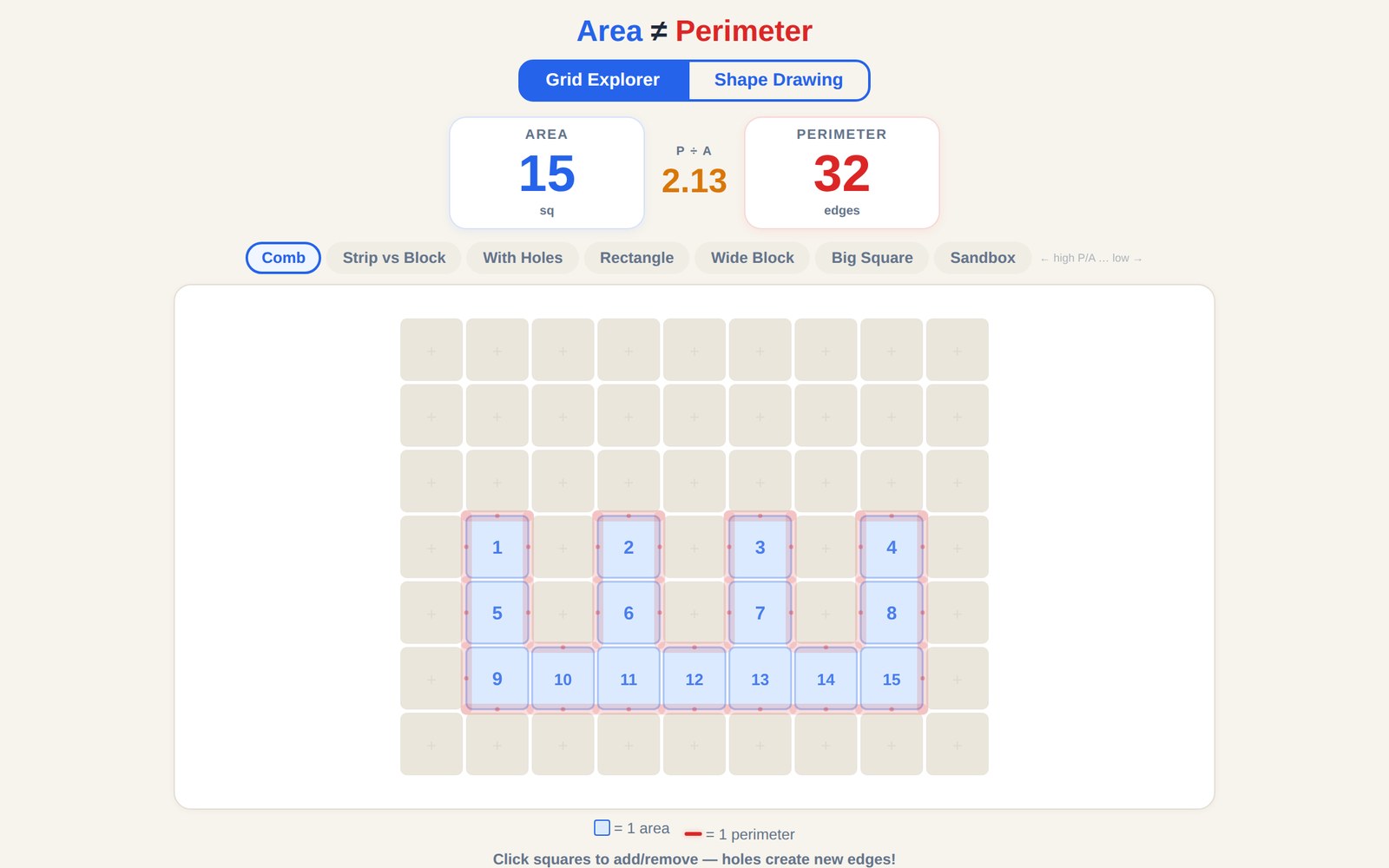 Grid showing a comb-shape with area 15 and perimeter 32