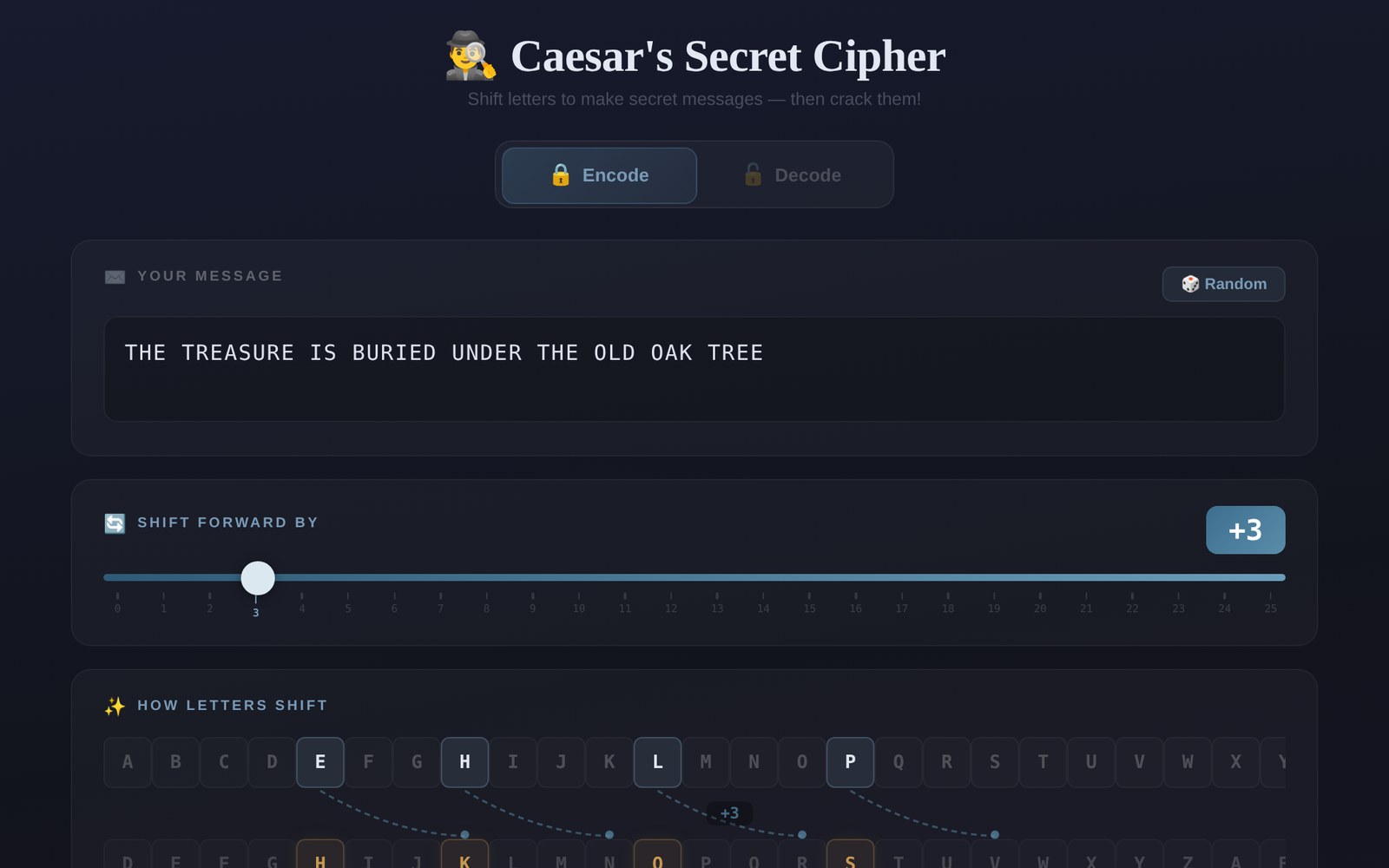 Caesar cipher tool encoding a message with a shift of three