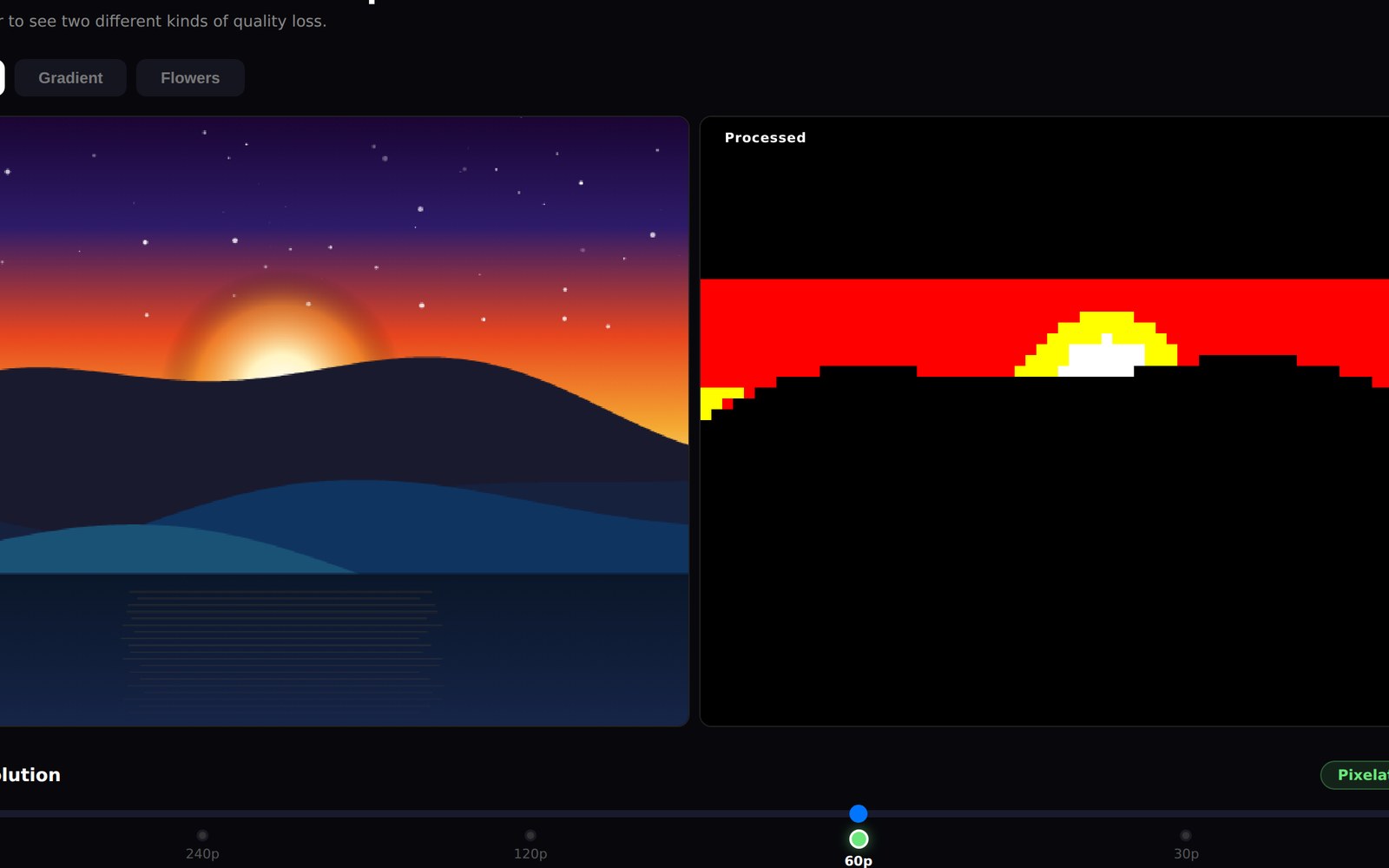 Side by side comparison of a landscape and a heavily pixelated version